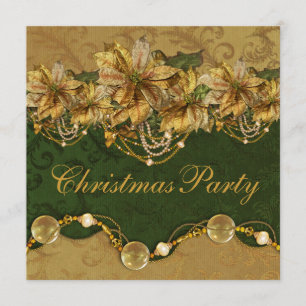 Green Gold Poinsettia Gold Christmas Party Invitation