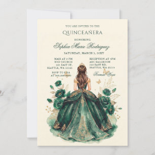 Green Gold Princess Floral Tiara Quinceañera Invitation