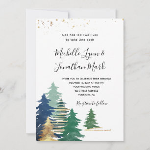 Green Gold Purple Pine Trees All In One Wedding Invitation
