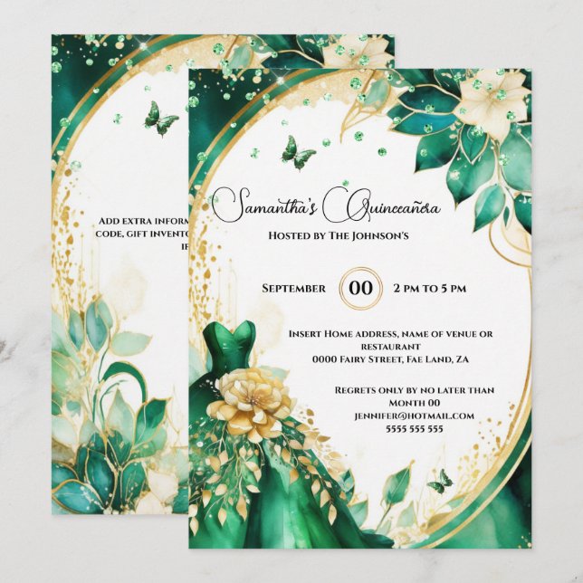 Green gold Quinceañera butterfly flowers floral Invitation (Front/Back)