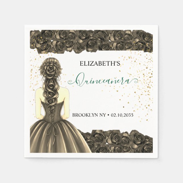 Green & Gold Quinceañera Custom Party Napkins (Front)