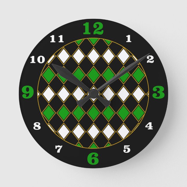 Green/Gold Racing Colours Harlequin Pattern Round Clock (Front)