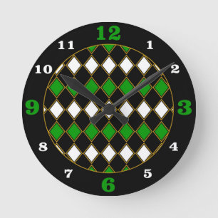 Green/Gold Racing Colours Harlequin Pattern Round Clock