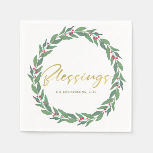 GREEN GOLD RED BERRIES CHRISTMAS BLESSINGS WREATH NAPKIN