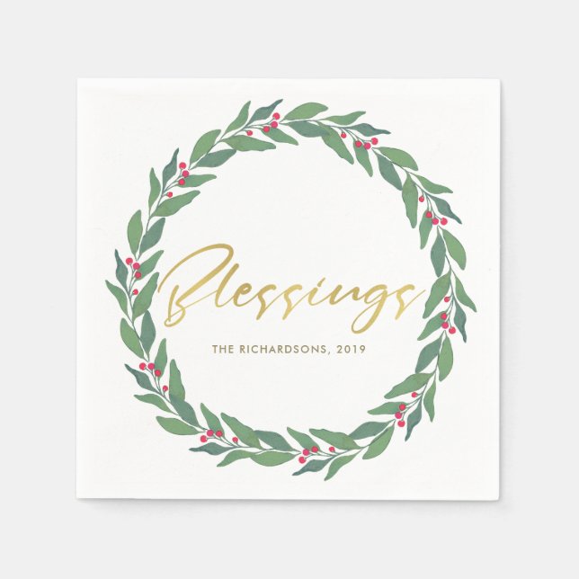 GREEN GOLD RED BERRIES CHRISTMAS BLESSINGS WREATH NAPKIN (Front)