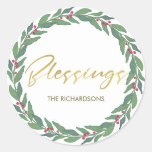 GREEN GOLD RED BERRIES CHRISTMAS WREATH BLESSINGS CLASSIC ROUND STICKER