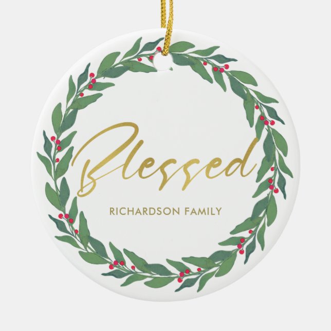 GREEN GOLD RED BERRIES WREATH CHRISTMAS BLESSED CERAMIC TREE DECORATION (Front)