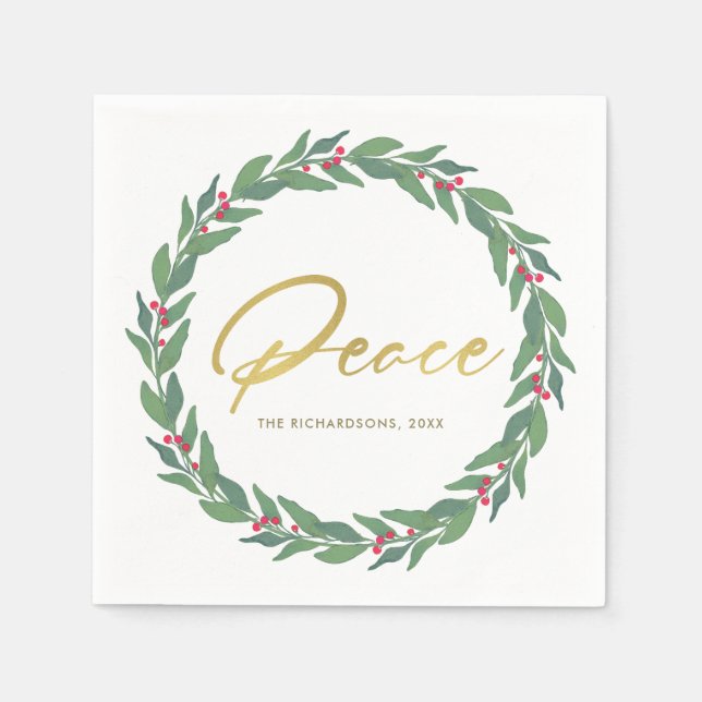 GREEN GOLD RED BERRIES WREATH CHRISTMAS PEACE NAPKIN (Front)