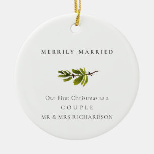 GREEN GOLD RED BERRIES WREATH MERRILY MARRIED CERAMIC TREE DECORATION