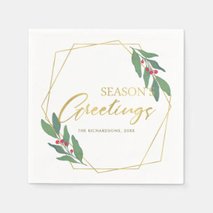 GREEN GOLD RED BERRIES WREATH SEASONS GREETINGS NAPKIN
