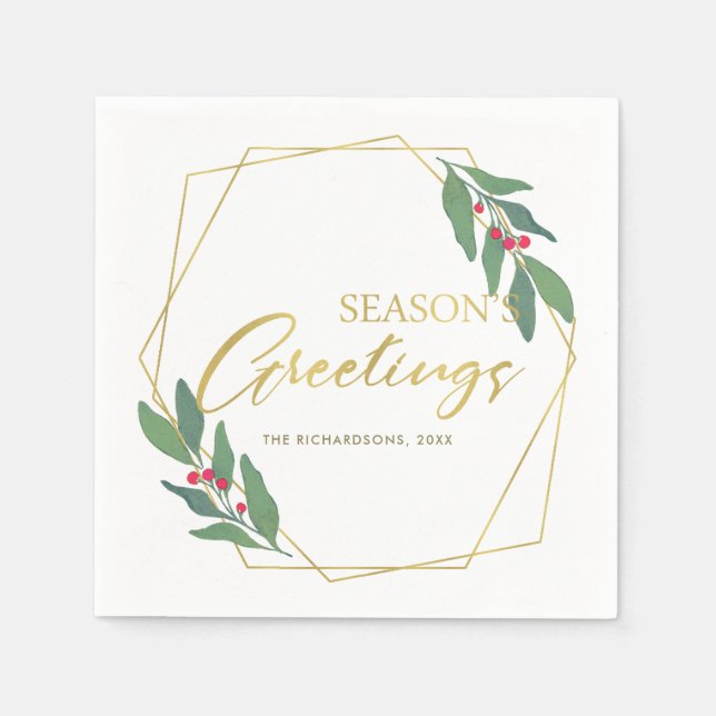 GREEN GOLD RED BERRIES WREATH SEASONS GREETINGS NAPKIN (Front)