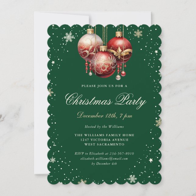 Green Gold Red Ornaments Snowflake Christmas Party Invitation (Front)