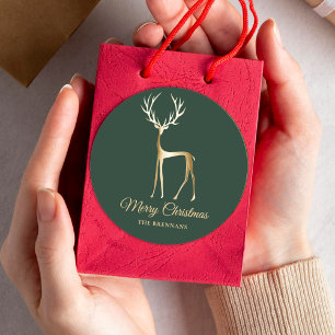 Green Gold Reindeer Christmas Elegant Minimalist Classic Round Sticker