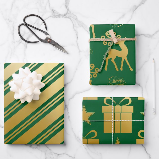 Green Gold Reindeer Presents Stripes Christmas Wrapping Paper Sheet (Front)