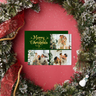 Green & Gold Retro Christmas Family Photo Collage Foil Holiday Card