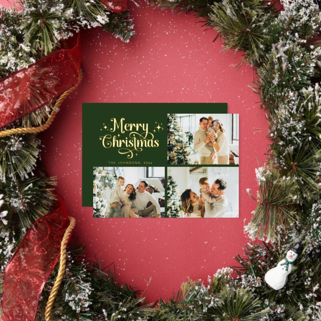 Green & Gold Retro Christmas Family Photo Collage Foil Holiday Card (Insitu)