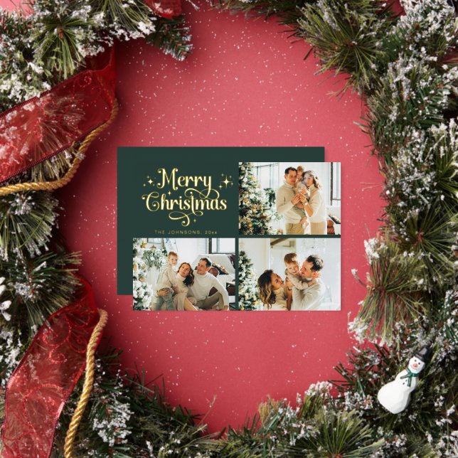 Green & Gold Retro Christmas Family Photo Collage Foil Holiday Card (Insitu)