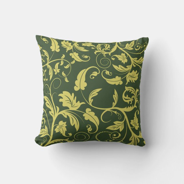 Green Gold Retro Pattern Leaf Swirl Cushion (Front)
