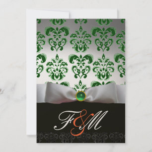 GREEN GOLD RIBBON & BLACK DAMASK MONOGRAM Orange Invitation