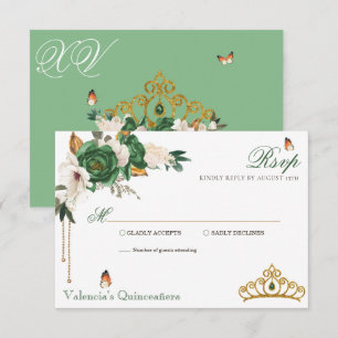 Green Gold Roses Elegant Gold Tiara Quinceanera RSVP Card