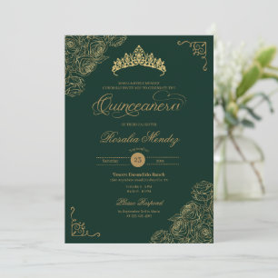 Green & Gold Roses Elegant Quinceañera Invitation