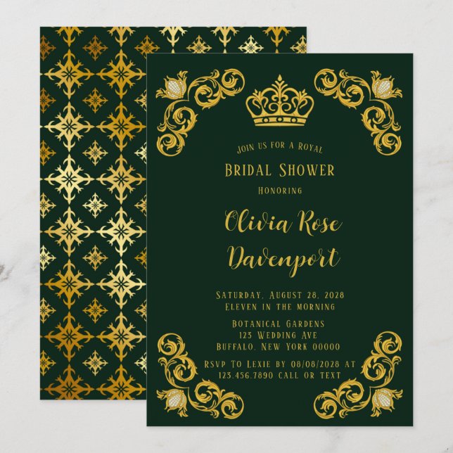 Green & Gold Royal Crown Damask Bridal Shower Invitation (Front/Back)