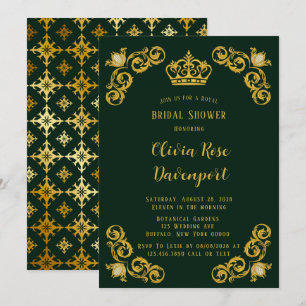 Green & Gold Royal Crown Damask Bridal Shower Invitation