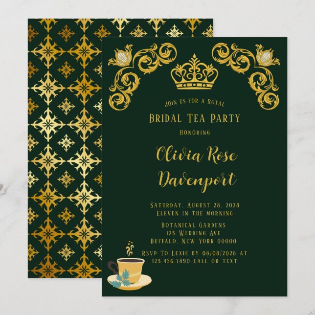 Green & Gold Royal Crown Damask Bridal Tea Party Invitation (Front/Back)