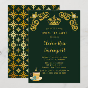 Green & Gold Royal Crown Damask Bridal Tea Party Invitation