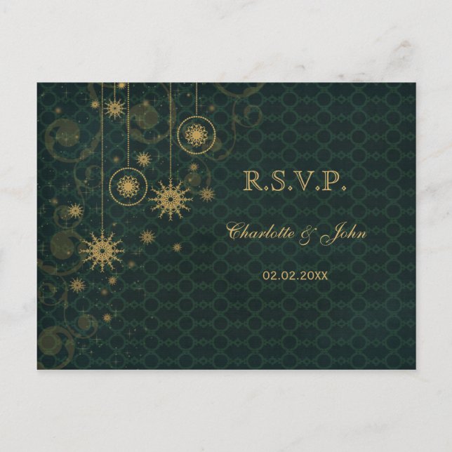 green gold rustic Snowflakes Winter wedding RSVP Invitation Postcard (Front)