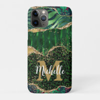 Green & Gold Safari Animal Glitter Agate Monogram