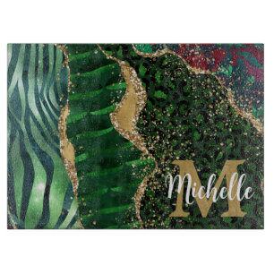 Green & Gold Safari Animal Glitter Agate Monogram Cutting Board