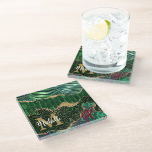 Green & Gold Safari Animal Glitter Agate Monogram Glass Coaster