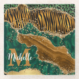 Green & Gold Safari Animal Glitter Agate Monogram Glass Coaster