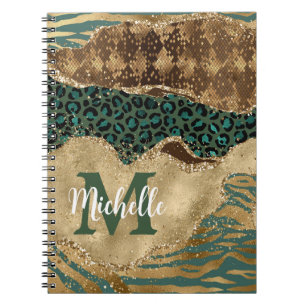 Green & Gold Safari Animal Glitter Agate Monogram Notebook