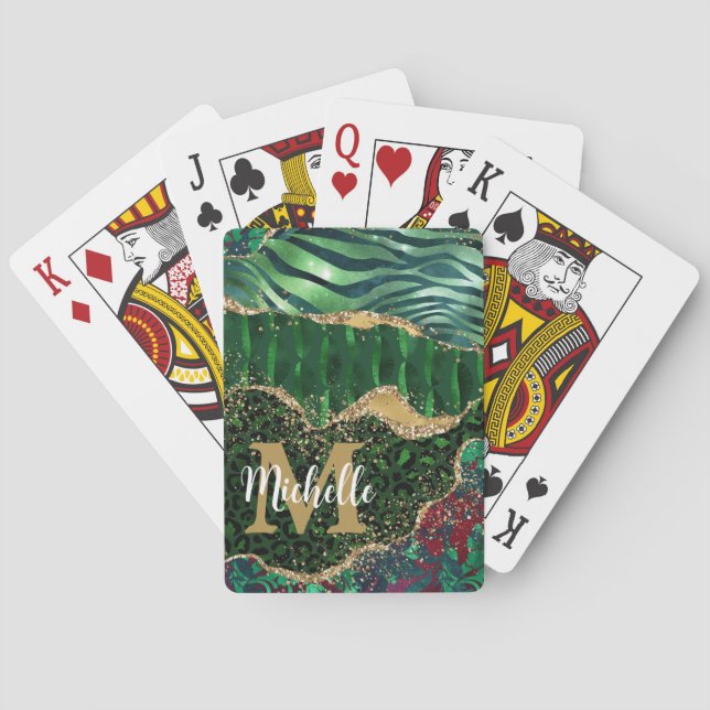 Green & Gold Safari Animal Glitter Agate Monogram Playing Cards (Back)