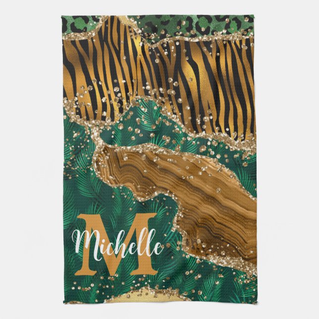 Green & Gold Safari Animal Glitter Agate Monogram Tea Towel (Vertical)
