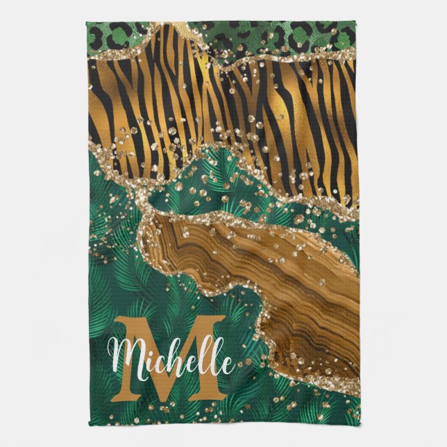 Green & Gold Safari Animal Glitter Agate Monogram Tea Towel (Vertical)