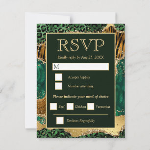 Green & Gold Safari Animal Glitter Agate Wedding RSVP Card