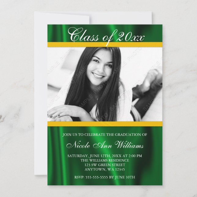 Green Gold Satin Photo Graduation Announcement (Front)