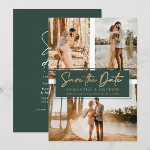 Green gold save the date 3 photo grid collage
