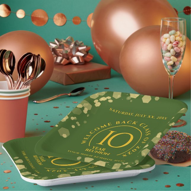 Green & Gold School College Class Reunion Paper Plate (Multi)