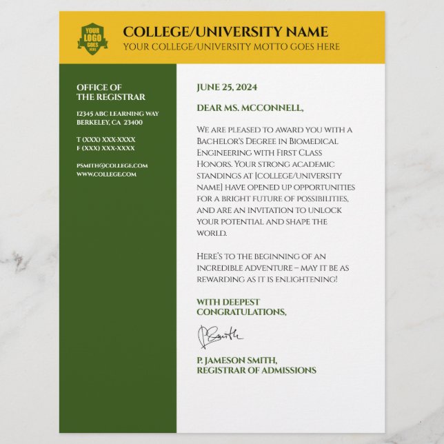 Green Gold School College University Custom Letterhead (Front)
