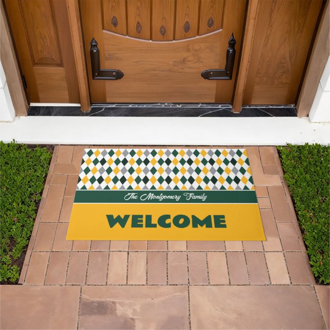 Green & Gold School Colours Argyle Pattern Doormat (Outdoor)