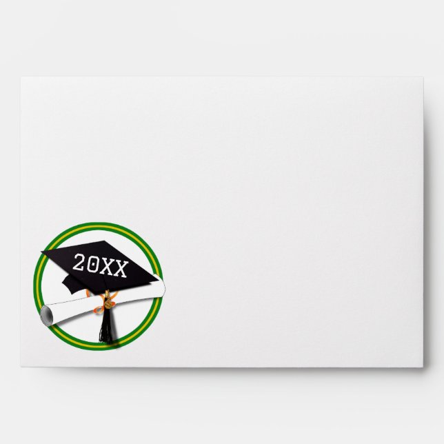 Green - Gold School Colours Grad Cap Graduation Envelope (Front)