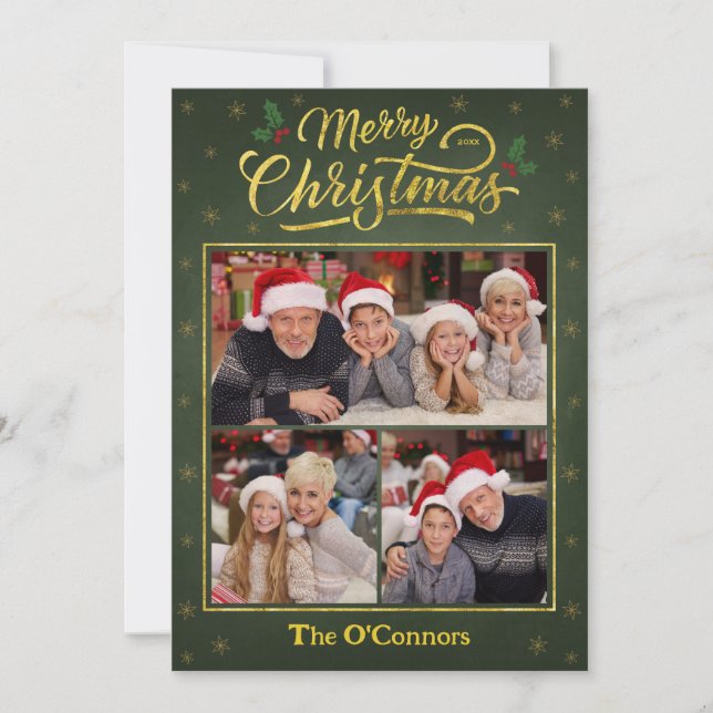 Green & Gold Script Merry Christmas Collage Card (Front)