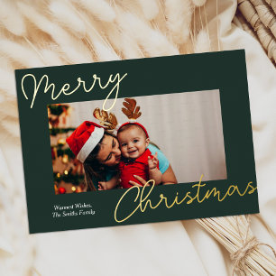 Green Gold Script Merry Christmas Simple Photo Foil Holiday Card