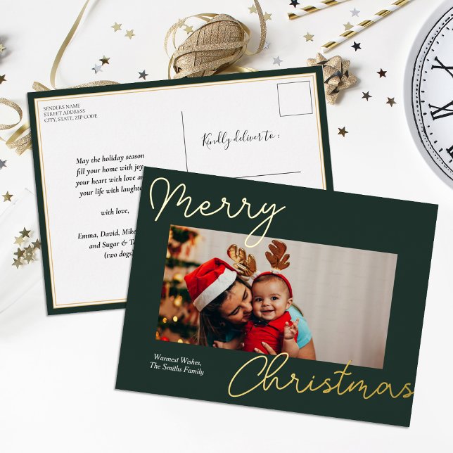 Green Gold Script Merry Christmas Simple Photo Foil Holiday Postcard (Creator Uploaded)