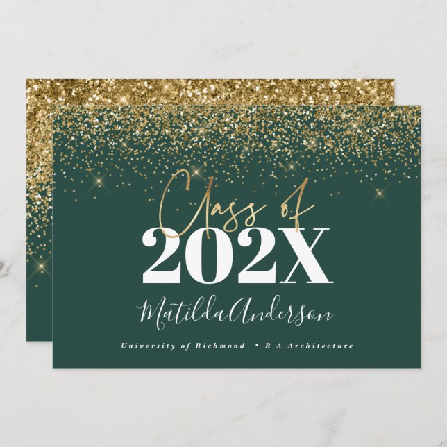 green gold script modern elegant graduation  invitation (Front/Back)