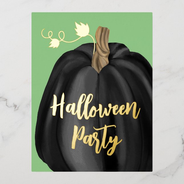Green Gold Script Pumpkin Halloween Party Foil Invitation Postcard (Front)